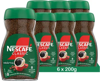 A group of six jars of Nescafé Classic instant coffee.