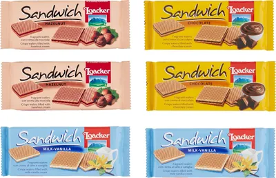Produktbild von Testpaket Loacker Sandwich Noisette Chocolate Milk Vanille duftende Waffeln 6x 75 g