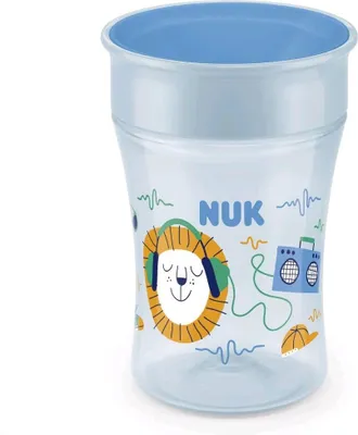 A Nuk Magic Cup with a cartoon lion wearing headphones and a boombox graphic.