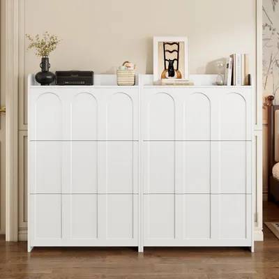 Obrázok produktu pre Biela skriňa na topánky s 12 priehradkami a 6 výklopnými dvierkami, úzka, rozmer 140x25x120 cm, materiál MDF, vhodná do chodby a obývačky