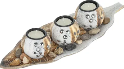 Image de Relaxdays : bougeoirs, 3 bougeoirs, plateau en forme de feuille, pierres décoratives, décoration de table pour le salon, décoration avec des bougies, marron et blanc