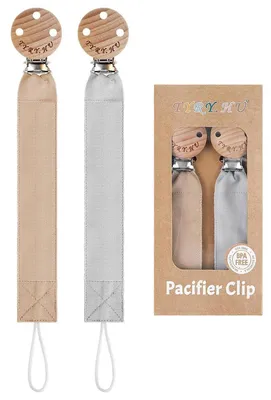 Image de Lot de 2 attaches pour tétine, en tissu polyester et coton, couleur kaki et gris, pour nouveau-nés, idéal pour une boîte de cadeaux