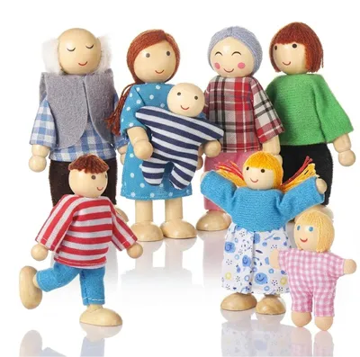 Produktbild von Holzpuppen Puppenhaus Biegepuppen Puppenfamilie - 8 Figuren - Naturholz - Großeltern, Eltern, Kinder, Babys - Für das Puppenhaus oder als Dekoration