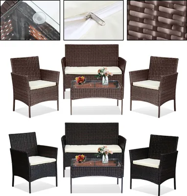 Produktbild von Aopunly Gartenmöbel Set, Braun, Balkonmöbel mit Kissen, Polyrattan Balkonset mit Sessel und Tisch, Sitzgruppe Terrassenmöbel Rattanmöbel für Balkon, Garten, Veranda(4tlg)