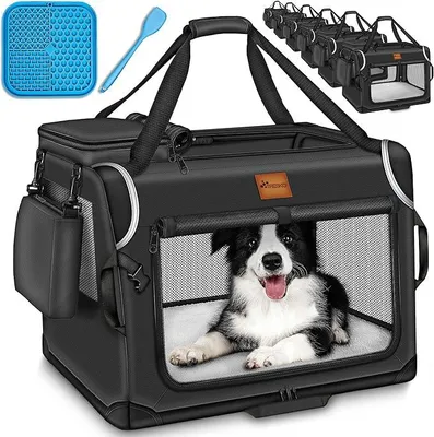 Produktbild von Hundebox faltbar inkl. Leckmatte, Spatel & Reflektoren XXL 92x63x63cm | Transportbox für Hunde und Katzen | Hundetransportbox Auto für kleine & große Hunde | Hundetasche robust Schwarz