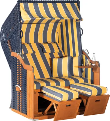 Produktbild von Rustikal 250 Plus aufgebauter Strandkorb, 2-Sitzer Halbliegemodell Ostseeform, Geflecht blau, Strukturpolyester gestreift, Fichtenholz, ca. 125x90x160 cm
