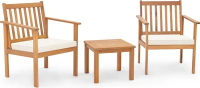 Produktbild von COSTWAY 3-częściowy zestaw mebli ogrodowych z drewna akacjowego, 2 krzesła ogrodowe z poduszkami i stolik kawowy, zestaw bistro 61x61x79cm