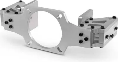 A silver metal bracket assembly for a racing simulator chair.
