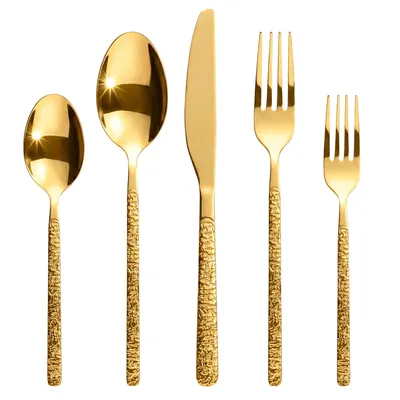 Image de Ensemble de couverts Roxlin, 30 pièces, en acier inoxydable pour 6 personnes, comprenant des couteaux, des fourchettes, des cuillères et des cuillères à café, lavable au lave-vaisselle. Aspect pierre, finition dorée