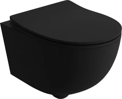 A black wall-mounted toilet with the lid closed, shown from a slightly elevated diagonal angle against a white background.