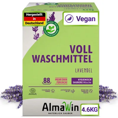 Produktbild von AlmaWin® Vollwaschmittel Pulver [4,6kg - 88 Ladungen] mit Lavendel-Duft für strahlende Reinheit - Waschmittel Pulver für alle weißen & farbechten Textilien [30-95°C] - Veganes Voll-Waschpulver