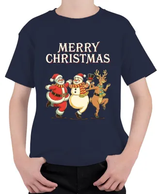 Produktbild von MERRY CHRISTMAS Weihnachtsmann Schneemann Rentier tanzend Vintage Kinder T-Shirt, Navy, 104