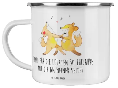 Produktbild von Mr. & Mrs. Panda Teebecher 30. Hochzeitstag Perlenhochzeit - Weiß - Geschenk, Teetasse, Kaffeepott, Emaille Tasse, 30 Jahre Ehe, blechbecher, Heirat, Beziehung, Geschenke