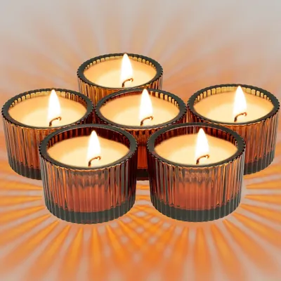 Immagine prodotto di Portacandele in vetro per candele a forma di lumino - Set da 12 - Dimensioni: 5,5 x 3,5 cm - Colore ambra - Decorazione per la tavola
