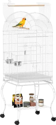 Image de Cage à oiseaux - Cage à roulettes pour l'intérieur - Roues - Tablette - Toit rabattable - Mangeoires - Bac amovible - 51 x 51 x 153 cm - Blanc