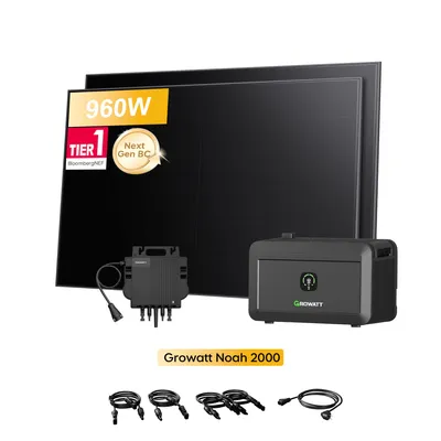 Produktbild von Powerness® Balkonkraftwerk mit Speicher, Growatt NOAH 2000 Speicher mit 480Wx2 BC Bifaziale Full Black Solarmodule und Growatt NEO-800M-X(0% VAT)