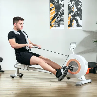 Obrázek produktu pro Veslovací trenažér pro domácnost, magnetický veslařský trenažér s 16 úrovněmi odporu, LCD monitor, veslovací trenažér s držákem telefonu/IPAD, pro kardio trénink, nosnost do 150kg
