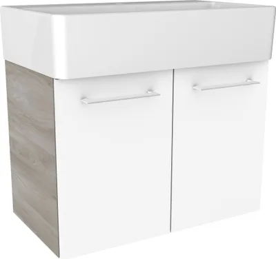 Produktbild von FACKELMANN LIMA Badmöbel Set 2 Teile / Keramik Waschbecken / Waschbeckenunterschrank mit 2 Türen / hochwertiger Badschrank mit Soft-Close-System / Korpus: Braun hell / Front: Weiß / Breite: 60 cm