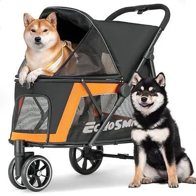 Imagen del producto de Carrito para perros de tamaño mediano y grande, hasta 40 kg, plegable, con ventanas de malla, asa ajustable y 3 ruedas todoterreno ( y naranja)