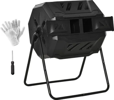 Zdjęcie produktu dla Kompostownik ogrodowy Outsunny - Pojemnik na kompost - Obrotowy o 360° - Podwójna komora 160 l - Czarna stal PP