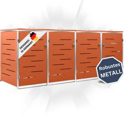 Produktbild von DELUKE® 4er Mülltonnenbox JAGU Edelstahl | Orange | 115,5x276,5x77,5cm | Mülltonnenverkleidung für 4 Tonnen 240L Müllbox aus Metall Mülltonnenschutz Mülltonnendach
