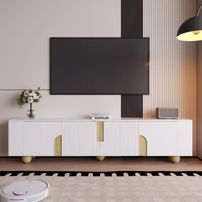 Image de Sweiko Armoire TV blanche 180 cm, 4 portes, design élégant, surface effet marbre, pieds en bois sphériques