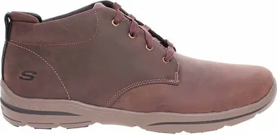 A side view of a brown men's shoe.
