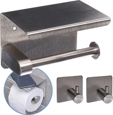 Produktbild von Sanics WC-Rollenhalter Silber – Toilettenpapierhalter ohne Bohren – Mit Ablage - WC-Papierhalter - Selbstklebend - +2 Selbstklebende Handtuchhaken