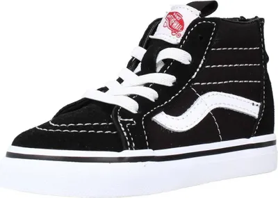 A black and white Vans SK8-Hi Zip sneaker for children.