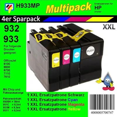 Produktbild von HP933MP - TiDis Multipack mit 4 Ersatzpatronen je 1 B/C/M/Y für HP932 | HP933 Druckerpatronen