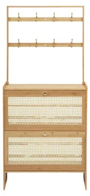 Produktbild von Schuhschrank Flur - Stand-Schuhregal mit Klapptüren - 2 Ebenen - Bambus - 8 Haken - Kippsicherung - 70 x 17 x 152 cm