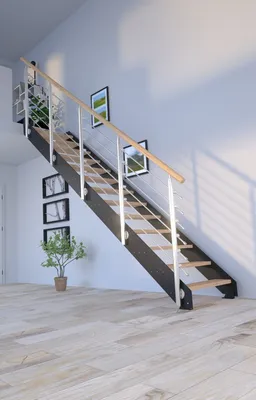 Produktbild von Stahltreppe KOS in schwarz (Eiche Rustik geölt) mit Designgeländer und 12 Stufen