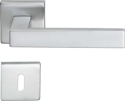 A silver door handle set with a square escutcheon plate, presented against a white background.