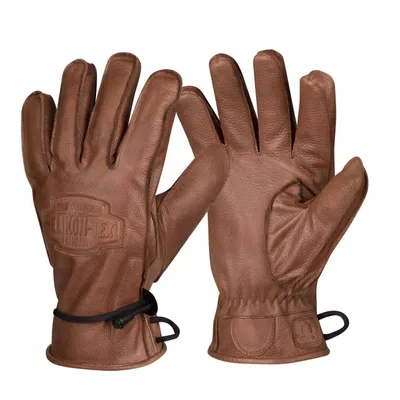A pair of brown leather gloves on a white background.