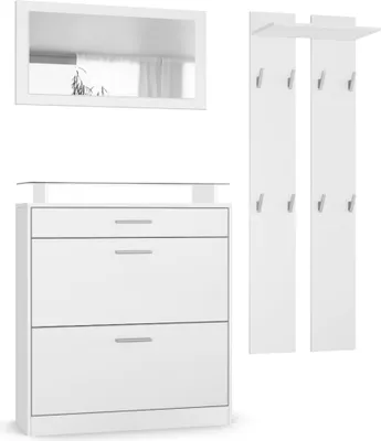 Produktbild von Vladon Garderobe Loret mini, Garderobenset bestehend aus 1 Schuhschrank, 1 Wandspiegel und 2 Garderobenpaneele, Weiß matt/Weiß matt