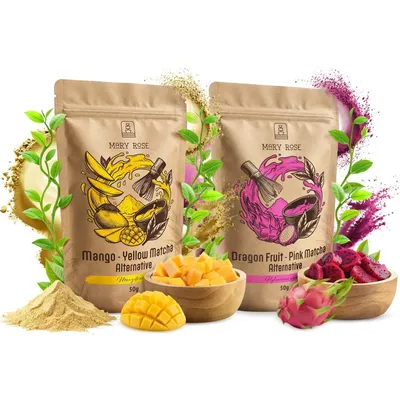Produktbild von Mary Rose - Bunter Matcha Tee Pulver Rosa, Gelb 2x50g - Drachenfrucht, Mango ohne Zucker - Fruchtige Natürliche Lebensmittelfarbe Für Latte & Deserts