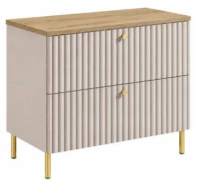 Imagen del producto de Mueble de baño de pie con encimera de 80 cm, acabado en cachemira y encimera en roble claro, tiradores en tres colores, patas doradas, dimensiones: 80 x 44,4 x 73,6 cm, Imagen generada por IA