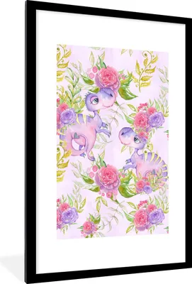 Produktbild von MuchoWow® Gerahmtes Poster Dinosaurier - Blumen - Kinderzimmer - Mädchen - Rosa - Kinder 60x90 cm - Poster mit Schwarzem Bilderrahmen Wandposter Rahmen Foto Bilder - Dekoration - Wandposter Wohnzimmer - Hochwertig