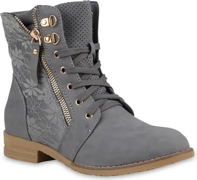 A single gray lace-up boot with a side zipper and floral lace detailing is shown against a white background.