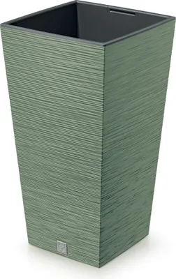 A tall, square, green planter with a textured surface, shown against a white background.
