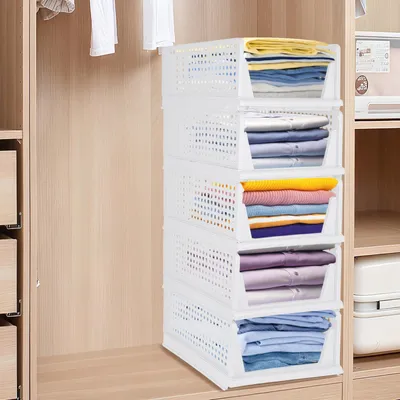 Produktbild von 5 Stück Faltbarer Kleiderschrank Organizer,Grau Stapelbare Regal Aufbewahrungsbox, Ordnungssystem Schubladenbox,Plastik Lagerkisten 33x42x90cm