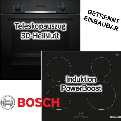Produktbild von Bosch Herdset Hydrolyse Pizzafunktion Teleskopauszug + Induktionskochfeld autark PowerBoost