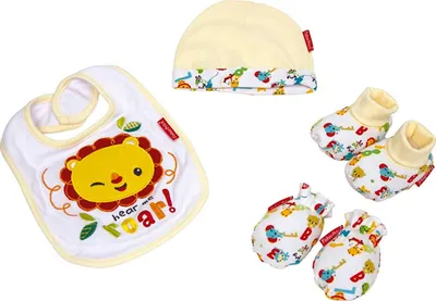 Produktbild von Fisher-Price 4tlg-Babyset - Hausschuhe + Laetzchen + Mütze + Faeustlinge - Geschenkset