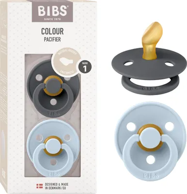 Produktbild von BIBS Colour Anatomical Schnuller 2er Pack, BPA-frei Dummy-Schnuller, Kiefergerechte Form. Naturkautschuk / Latex, Hergestellt in Dänemark. Größe 1 (0-6 Monate), Iron / Baby Blue