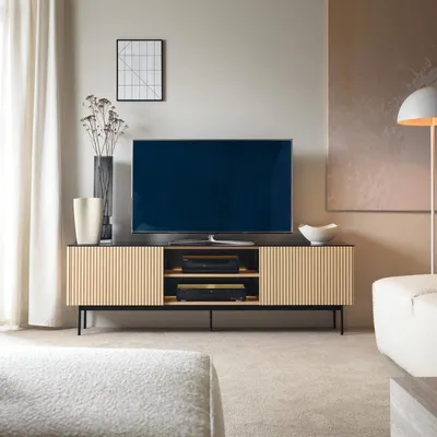 Productafbeelding van TV-meubel Lowboard DIJON, 180 cm, Vicenza eikenhout, zwart, met LED-verlichting en push-to-open mechanismen