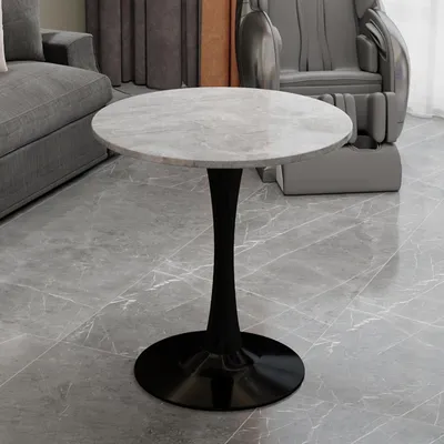 Productafbeelding van Eettafel voor 2-4 personen, rond, diameter 70 cm. Zwarte salontafel in mid-century stijl met een grijze marmerlook. Ruimtebesparende keukentafel voor kleine ruimtes