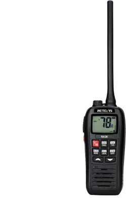 A black Retevis RA26 marine walkie talkie with its antenna extended, shown against a white background.