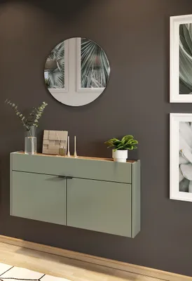 Produktbild von Garderobe Flurgarderobe schmal in grün mit Eiche ABERDEEN-01 modern 2-teilig mit Schuhschrank und Spiegel