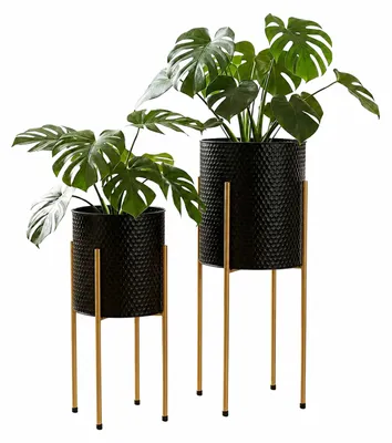 Immagine prodotto di Relaxdays, set di 2 supporti per piante, metallo, 2 dimensioni, struttura per interni, ideali per soggiorno e ingresso, supporto rotondo per vasi, colore nero/oro