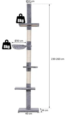Obrázok produktu pre Katzenbaum – Škrabacia veža pre mačky – Lezecká veža – Výška nastaviteľná od 230 do 260 cm – 5 a viac úrovní – Viacposchodová – Stĺpiky z sisalu – Vhodné pre malé aj veľké mačky – Armygren